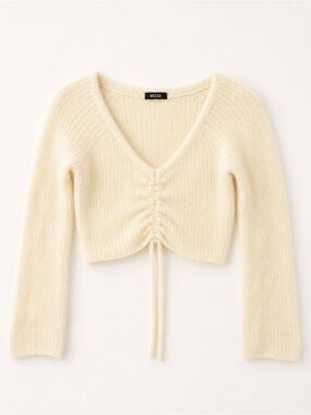 Miss Lola Cream V-Neck Drawstring Cropped Sweater